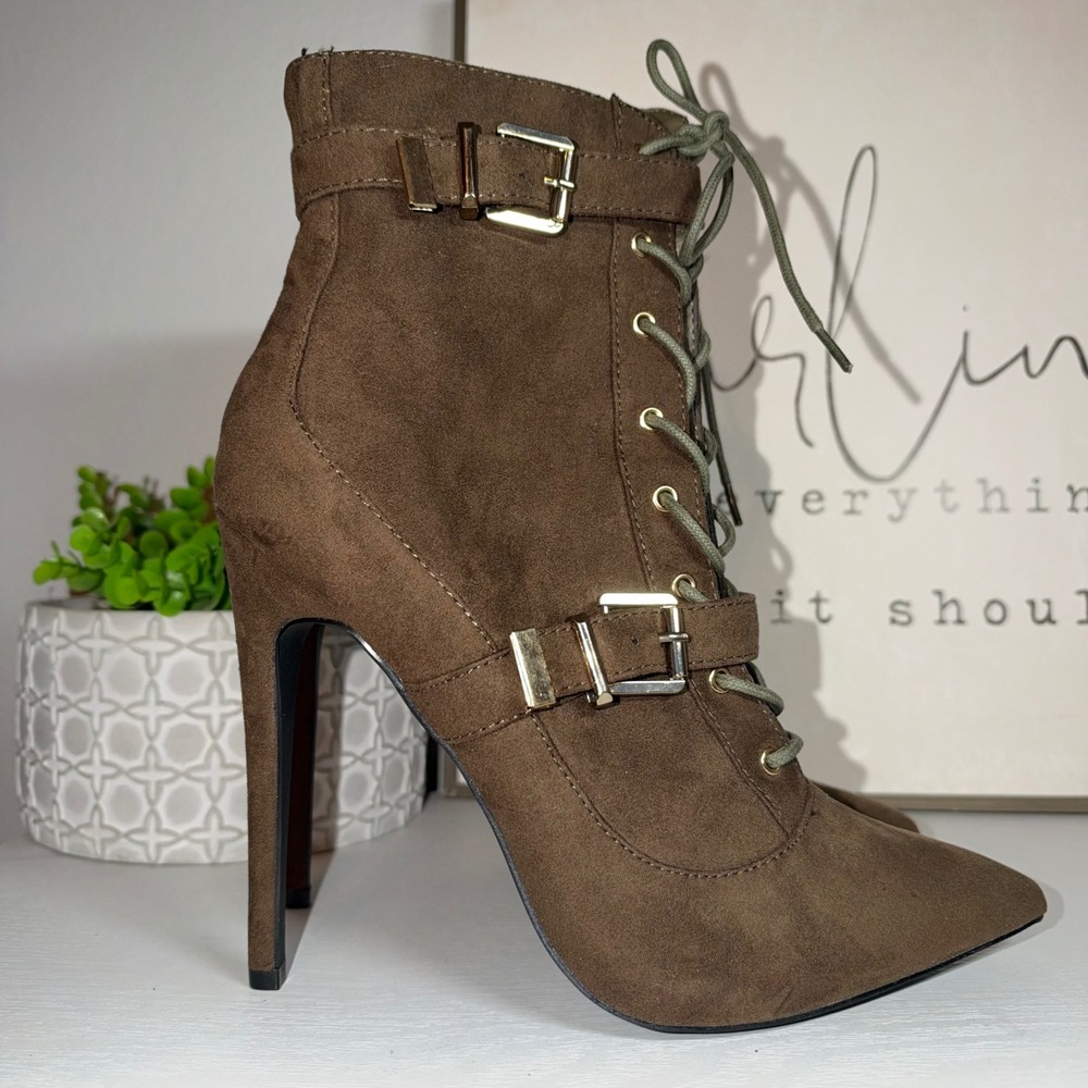 ShoeDazzle Maxwell Women's 9.5 Brown Lace Up Pointed Toe Stiletto Ankle Boots